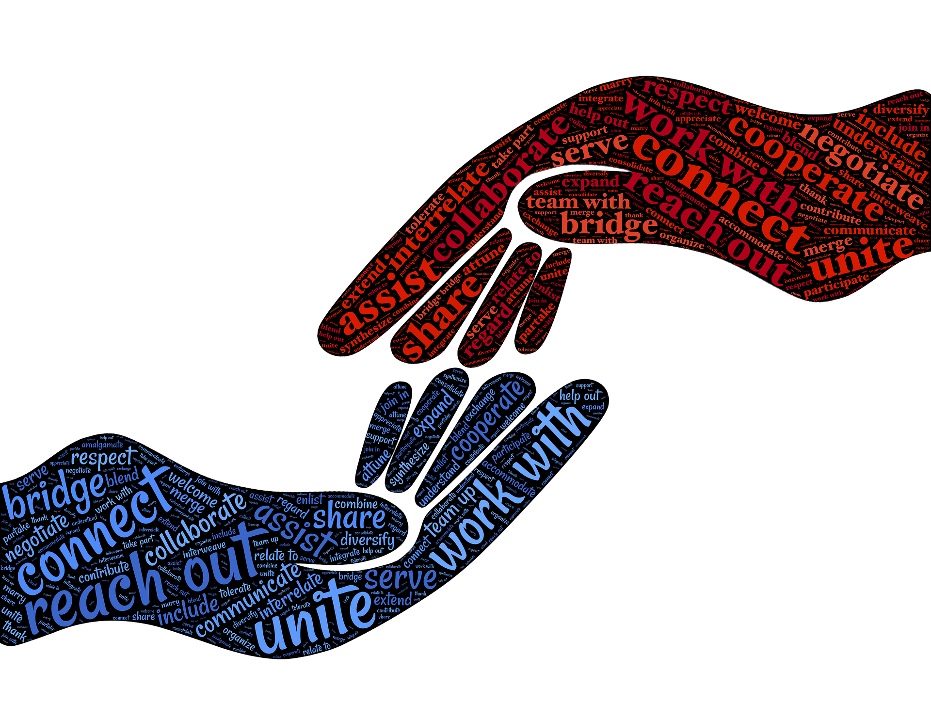 Deux mains sur le point de se serrer. Des nuages de mots forment les mains comme "connect", "unite", "work with", "assist", "share" etc.